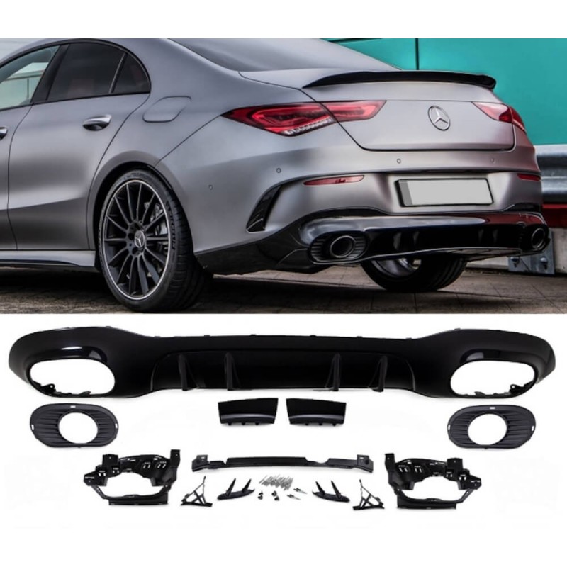 Diffuseur arrière et embouts d'échappement Noir brillant Mercedes Classe CLA C118 Look 35 AMG (19+) Diffuseur arrière et embouts d'échappement Noir brillant Mercedes Classe CLA C118 Look 35 AMG (19+)