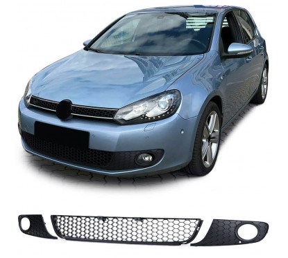 3x Grilles de pare chocs adaptables sur Volkswagen GOLF VI 6 Nid d'abeille Noir Brillant (08-12)