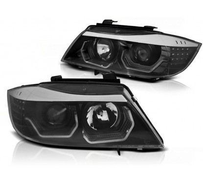2x Phares avant noirs angel eyes adaptables sur BMW Série 3 E90 E91 (05-08)
