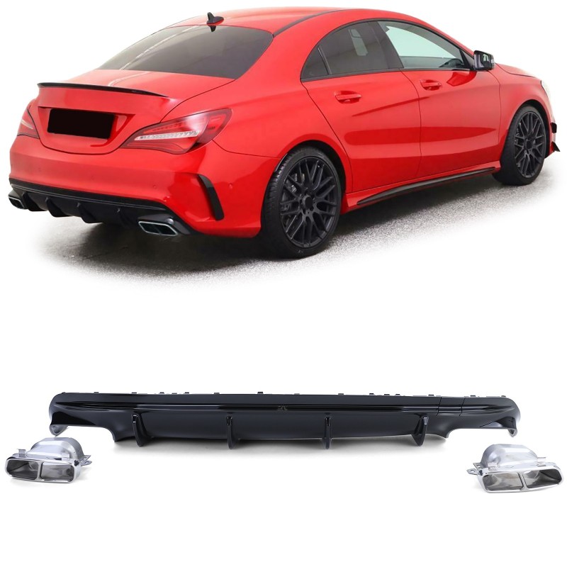 Diffuseur Noir brillant + Echappements Chrome Mercedes CLA W117 C117 Look CLA 45 AMG (16-19)