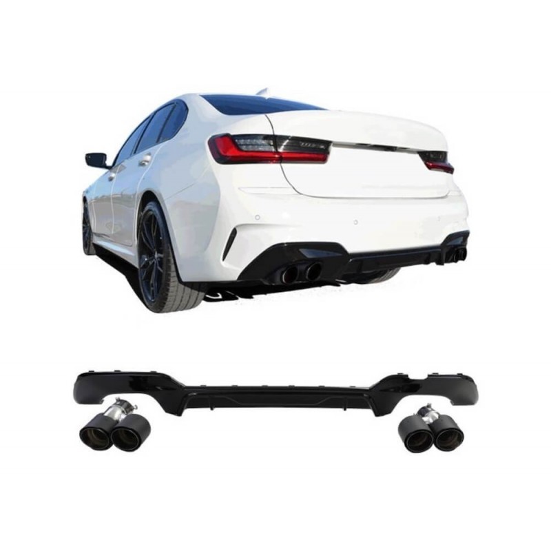 Diffuseur noir brillant + embouts d'échappements carbone adaptable sur BMW Série 3 G20 G21 (19-22)