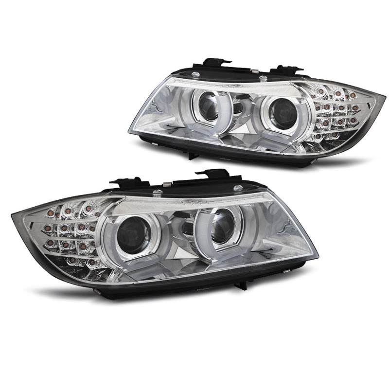2x Phares avant Xenon Angel Eyes chrome adaptable sur BMW Série 3 (09-11) Sans AFS