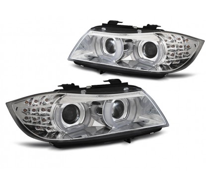 2x Phares avant Xenon Angel Eyes chrome adaptable sur BMW Série 3 (09-11) Sans AFS