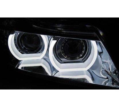 2x Phares avant Xenon Angel Eyes chrome adaptable sur BMW Série 3 (09-11) Sans AFS