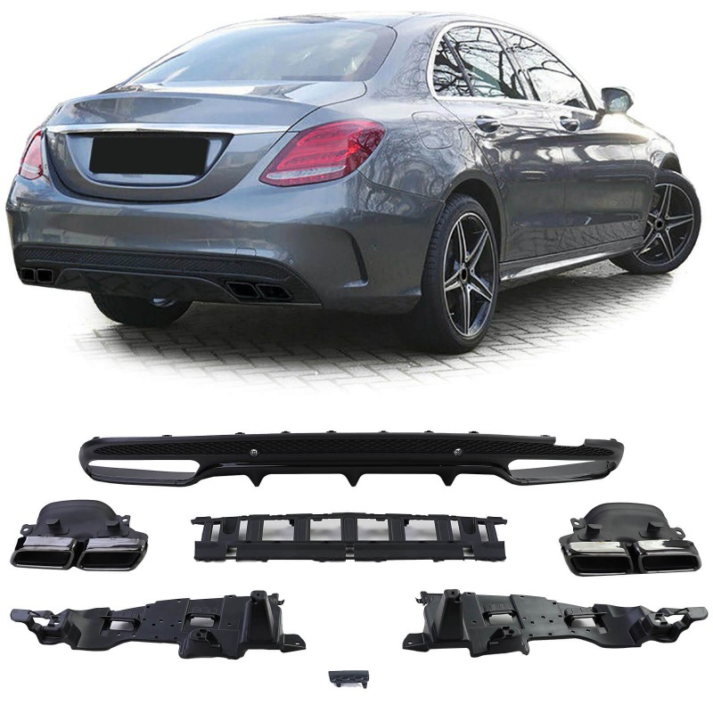 Diffuseur arrière + échappements carrés noir brillant Mercedes Classe C W205 S205 Look C450 (14-20) avec Pack AMG