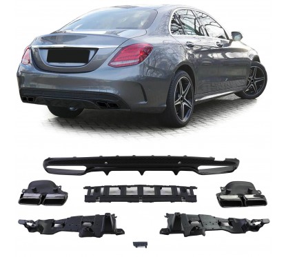 Diffuseur arrière + échappements carrés noir brillant Mercedes Classe C W205 S205 Look C450 (14-20) avec Pack AMG