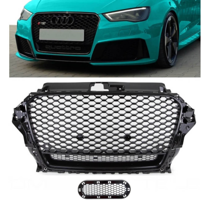 Calandre adaptable sur Audi A3 8V Nid D'abeille RS3 Noir Brillant (12-16)