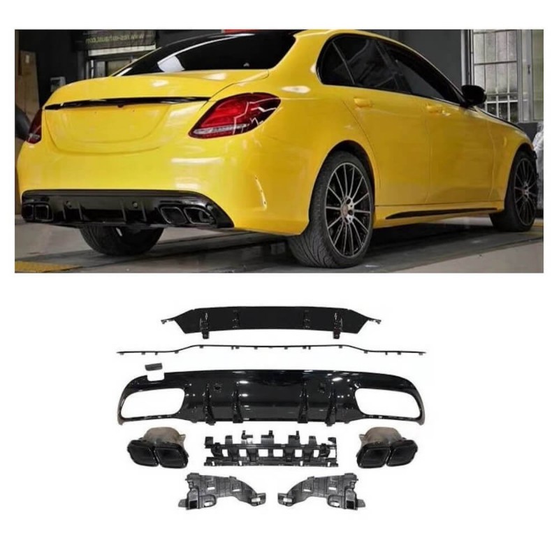 Diffuseur arrière + échappements Noirs Mercedes Classe C W205 S205 Look C63s (14-18) avec pack AMG