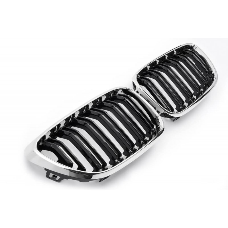 2x Grilles de Calandre BMW F22 F23 Doubles Lames Look M2 Chrome/Noir
