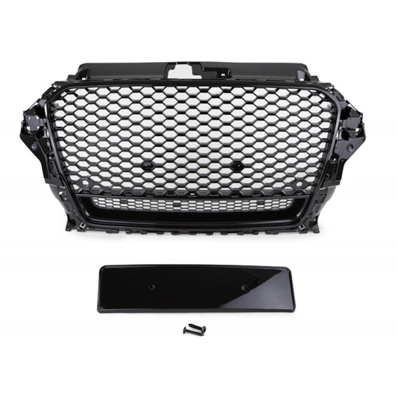 Calandre Nid D'abeilles Noir Brillant Pour Audi A3/S3/RS3 8P Sportback (phase 2, 2008-2013) - Sans Logo, Support Plaque Inclus